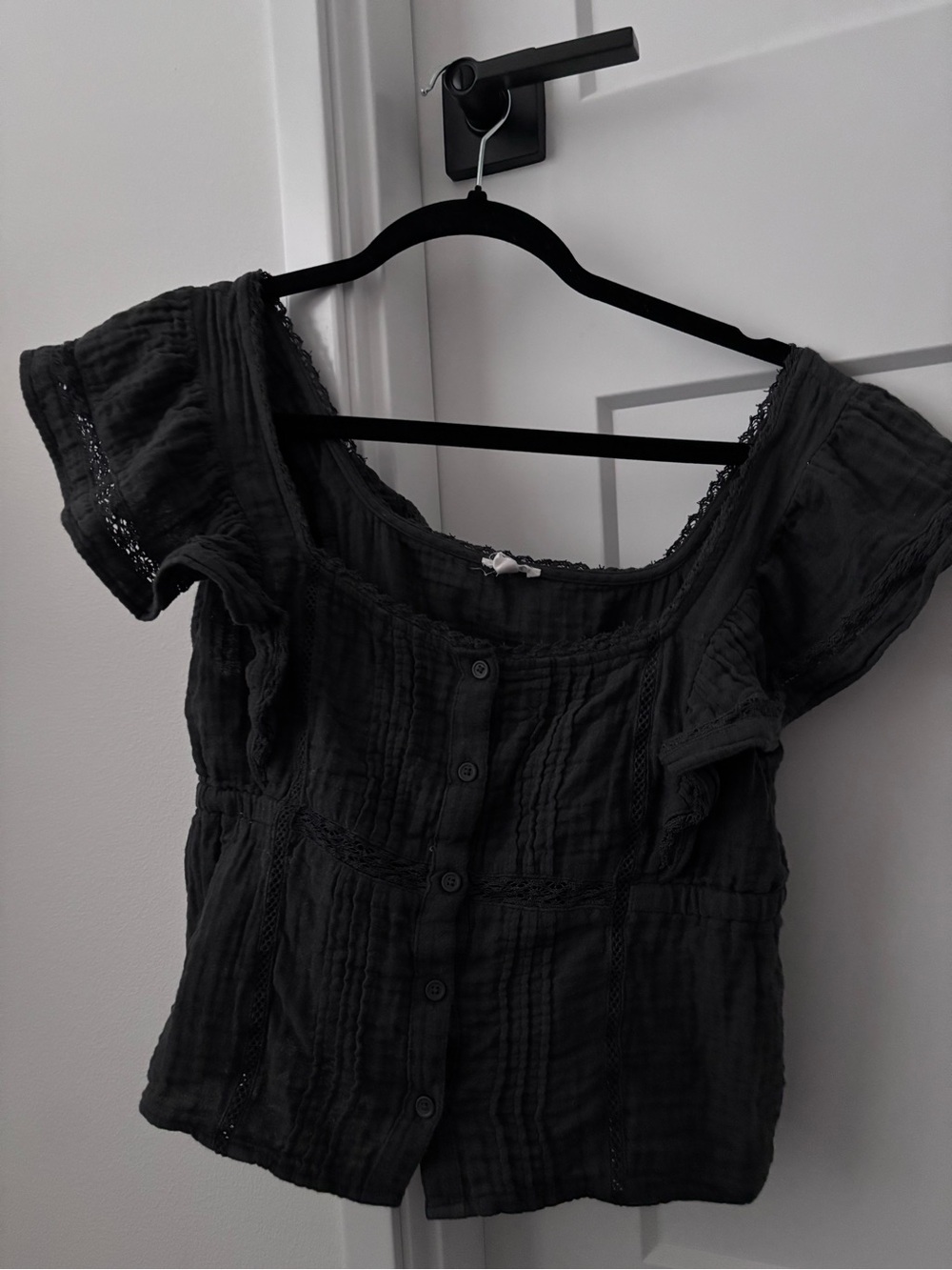 aerie Black Button-Front Peasant Blouse